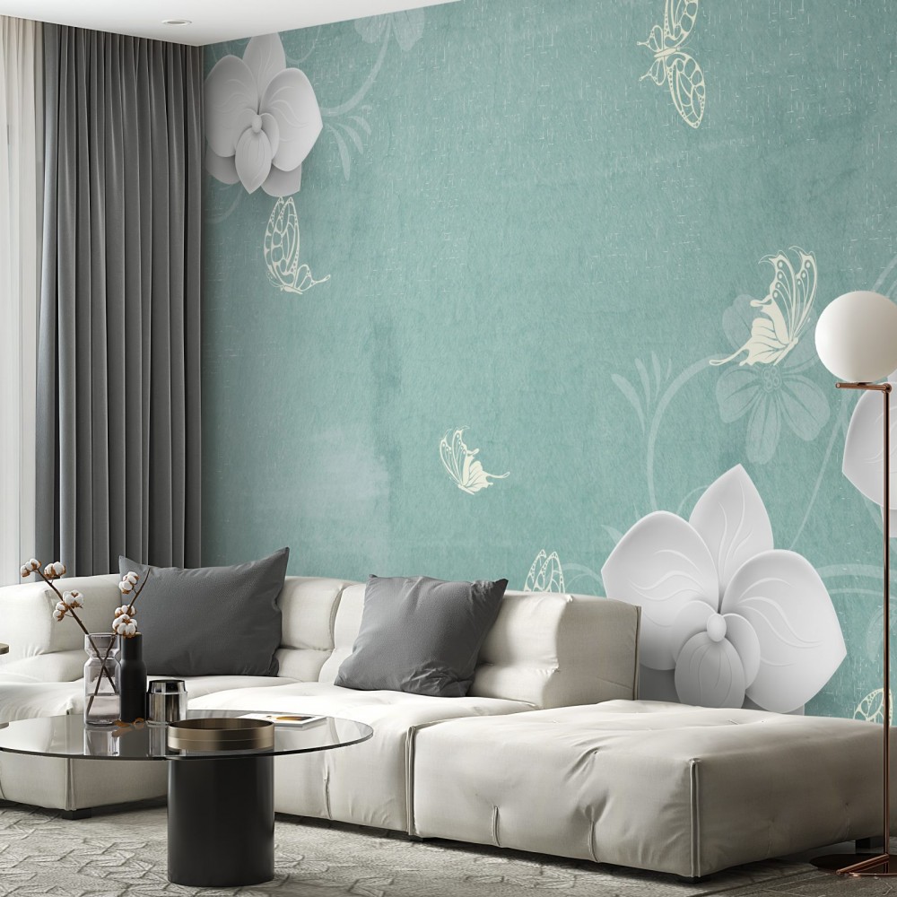 Turkuaz Eskitme Zeminli Beyaz Orkide ve Kelebek Desenli Duvar Kağıdı
