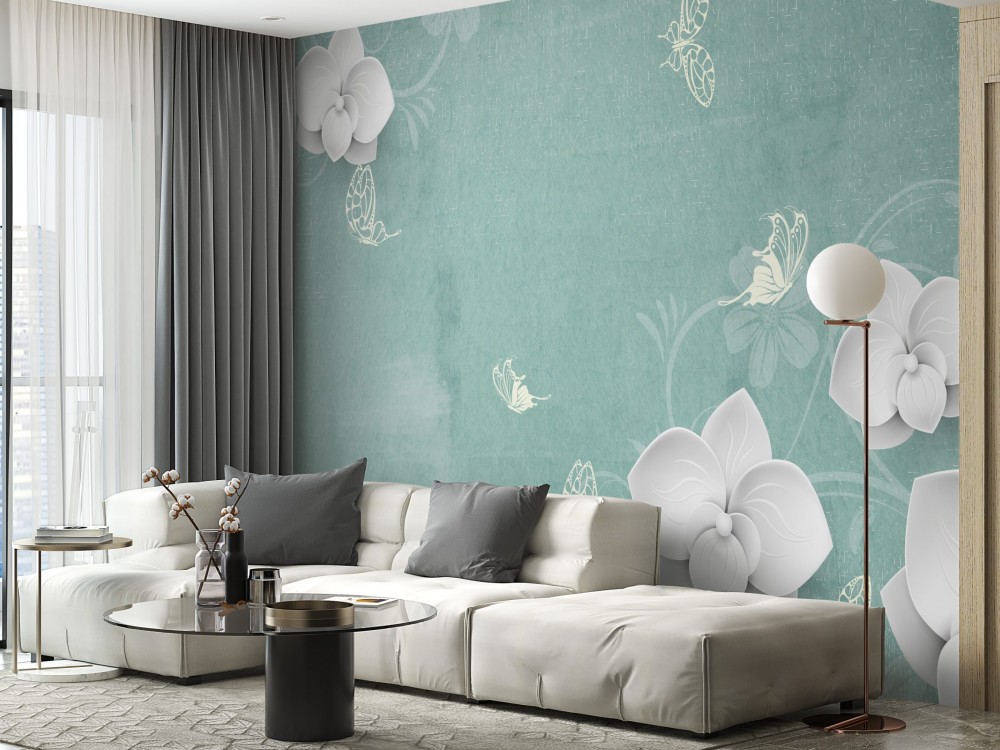Turkuaz Eskitme Zeminli Beyaz Orkide ve Kelebek Desenli Duvar Kağıdı