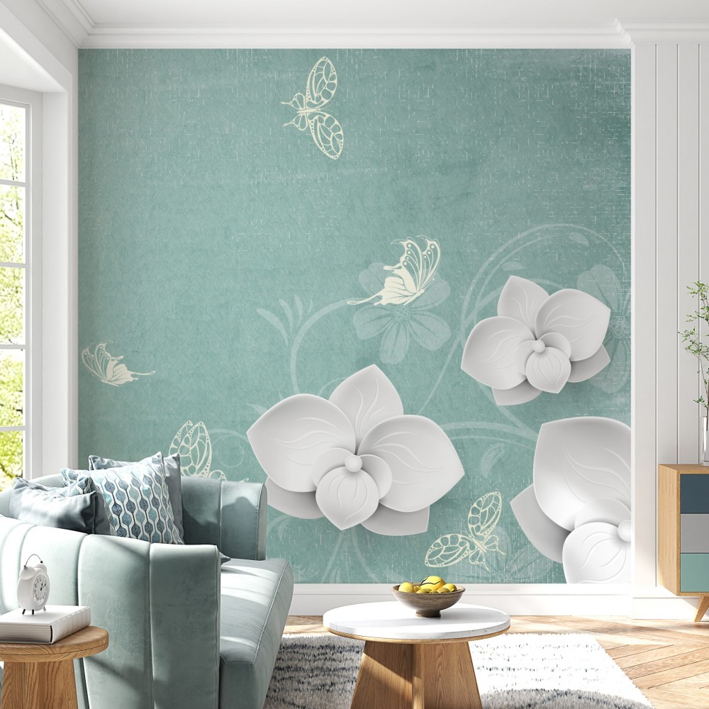 Turkuaz Eskitme Zeminli Beyaz Orkide ve Kelebek Desenli Duvar Kağıdı