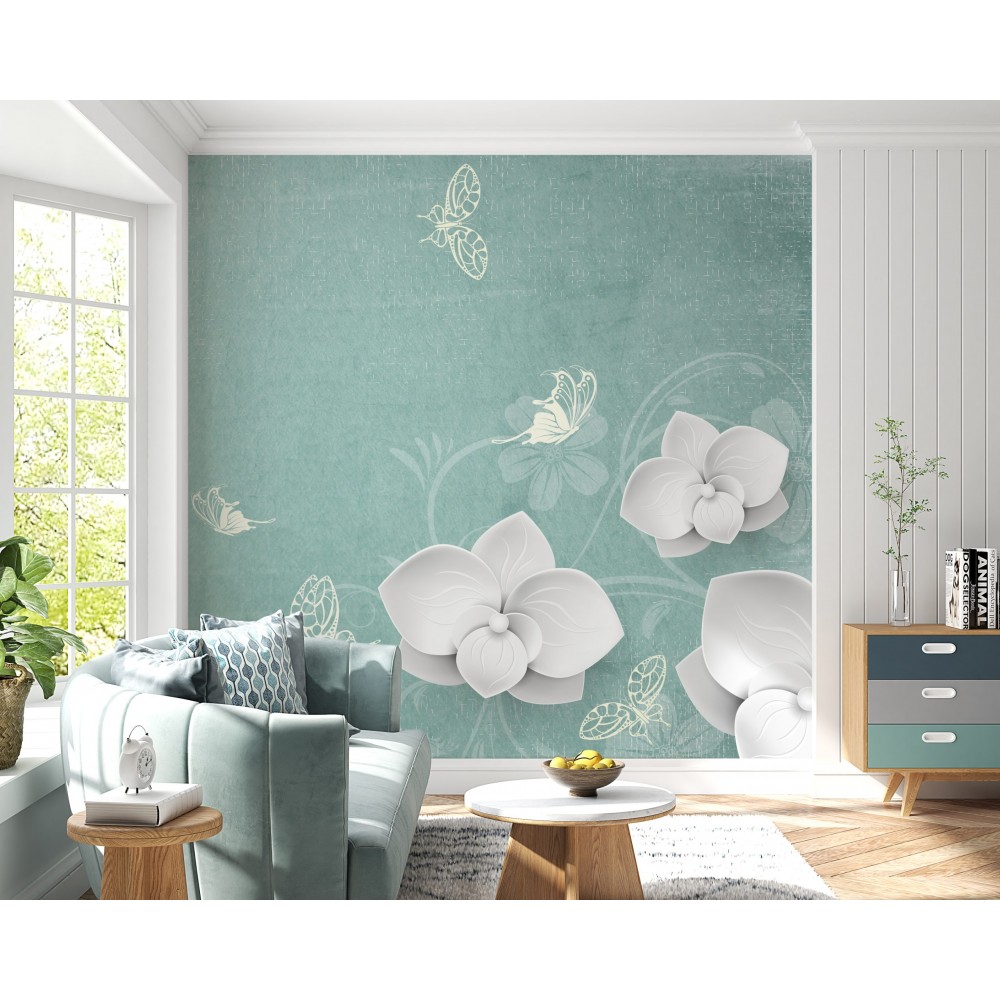 Turkuaz Eskitme Zeminli Beyaz Orkide ve Kelebek Desenli Duvar Kağıdı