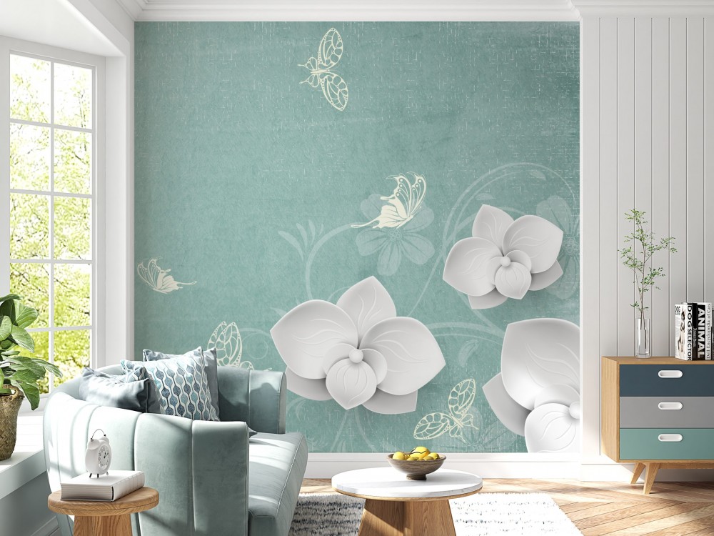 Turkuaz Eskitme Zeminli Beyaz Orkide ve Kelebek Desenli Duvar Kağıdı
