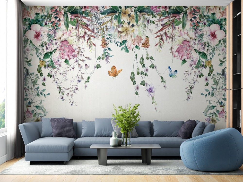 Beyaz Zeminli Sarkıt Tropikal Çiçekler ve Renkli Kelebek Desenli Duvar Kağıdı