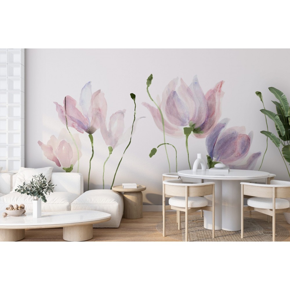 Modern Suluboya Efektli Şeffaf Lale ve Çiçek Desenli Duvar Kağıdı
