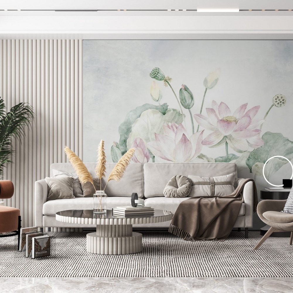 Suluboya Dokulu Dev Lotus Çiçeği ve Nilüfer Yaprağı Desenli Duvar Kağıdı