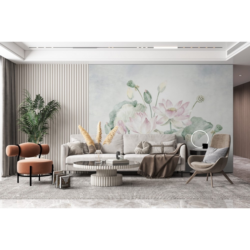 Suluboya Dokulu Dev Lotus Çiçeği ve Nilüfer Yaprağı Desenli Duvar Kağıdı