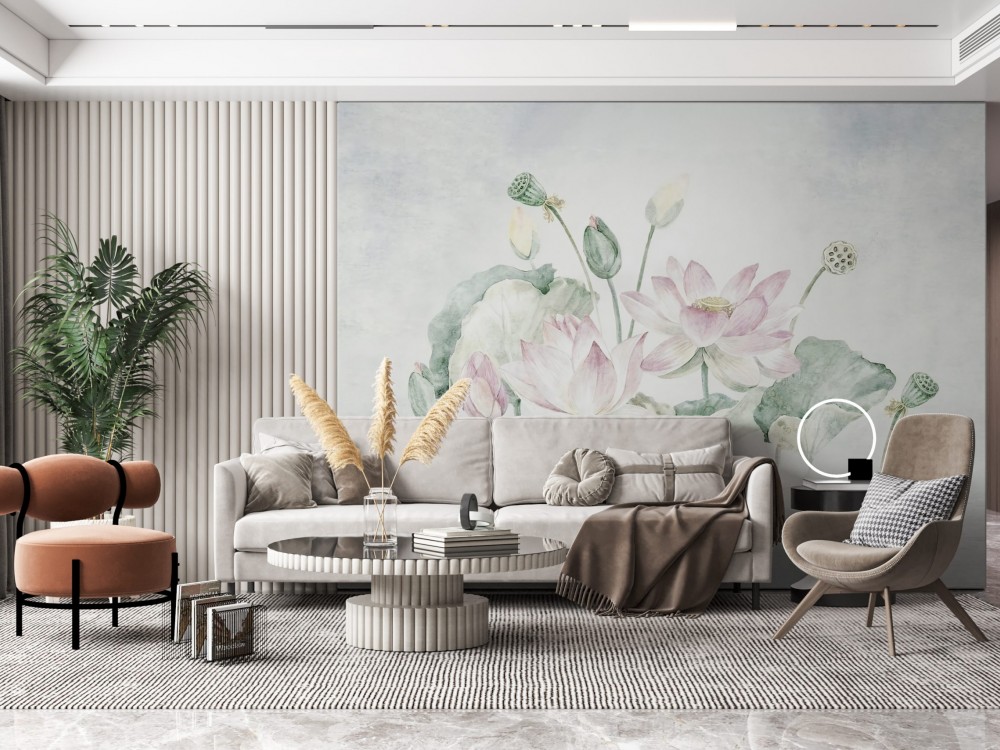 Suluboya Dokulu Dev Lotus Çiçeği ve Nilüfer Yaprağı Desenli Duvar Kağıdı