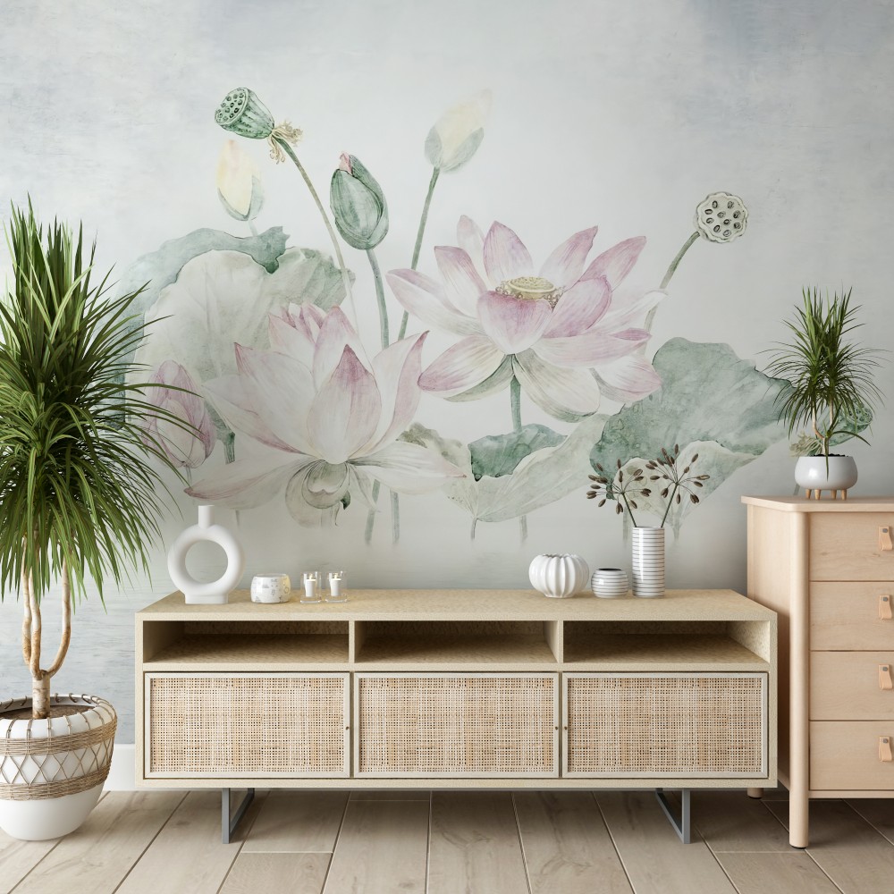 Suluboya Dokulu Dev Lotus Çiçeği ve Nilüfer Yaprağı Desenli Duvar Kağıdı