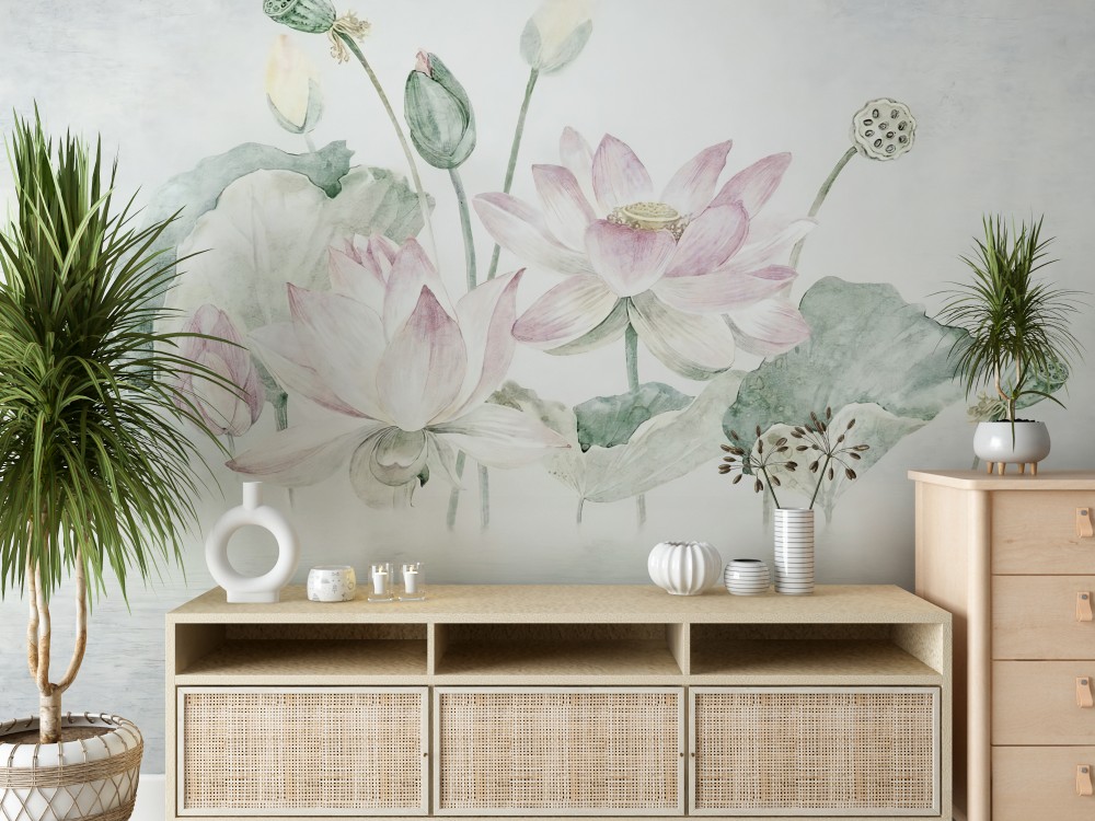 Suluboya Dokulu Dev Lotus Çiçeği ve Nilüfer Yaprağı Desenli Duvar Kağıdı