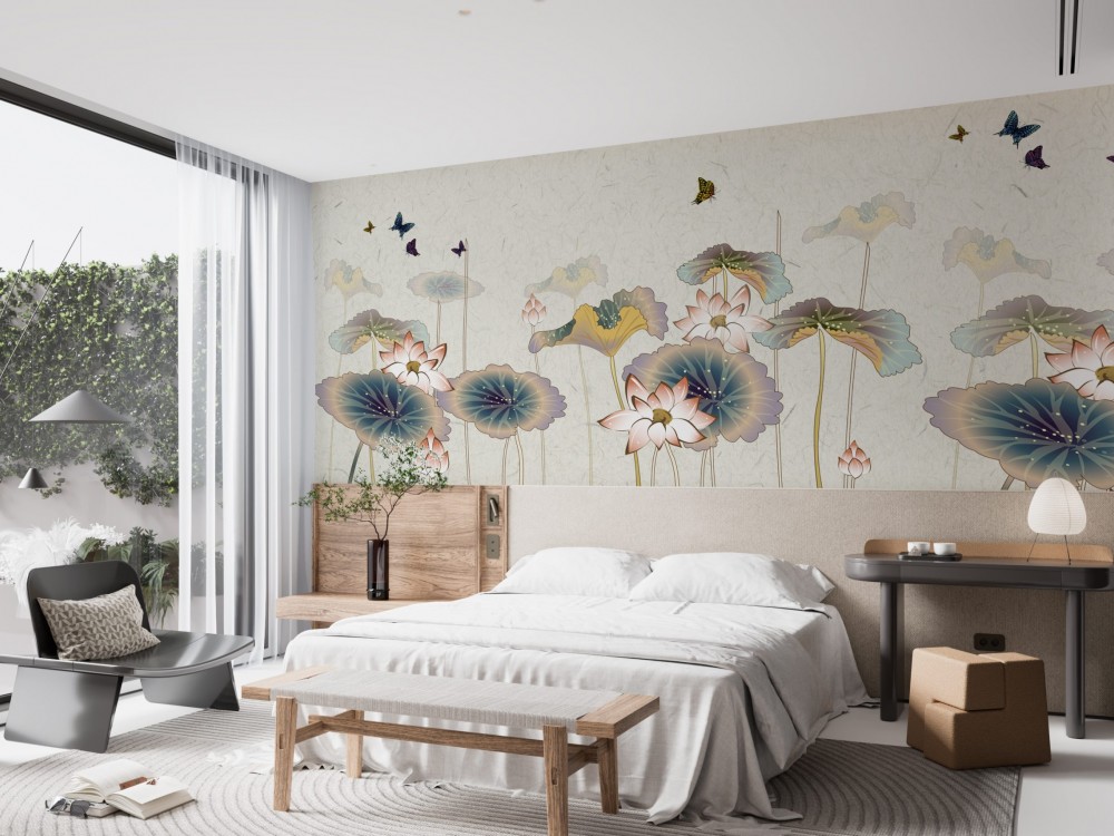 Eskitme Kağıt Dokulu Lotus Çiçeği ve Renkli Kelebek Desenli Duvar Kağıdı