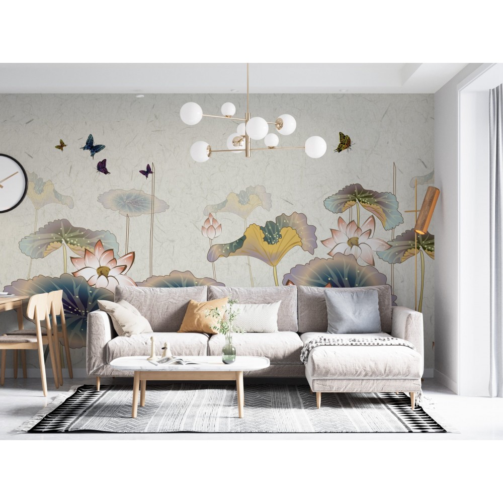 Eskitme Kağıt Dokulu Lotus Çiçeği ve Renkli Kelebek Desenli Duvar Kağıdı