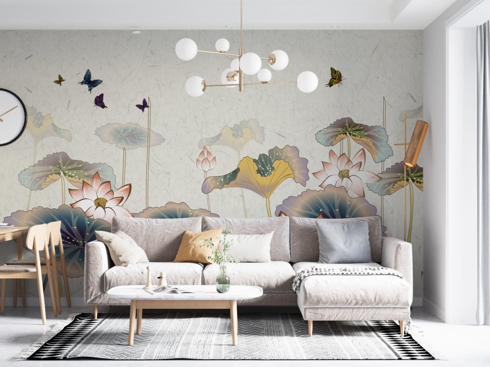 Eskitme Kağıt Dokulu Lotus Çiçeği ve Renkli Kelebek Desenli Duvar Kağıdı