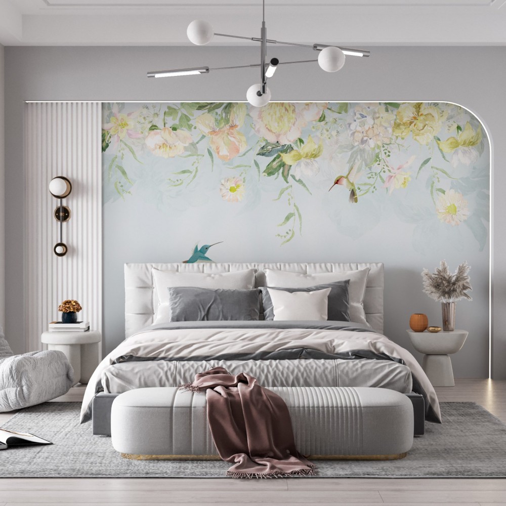 Suluboya Efektli Sarı Çiçekli ve Sinek Kuşu Desenli Duvar Kağıdı