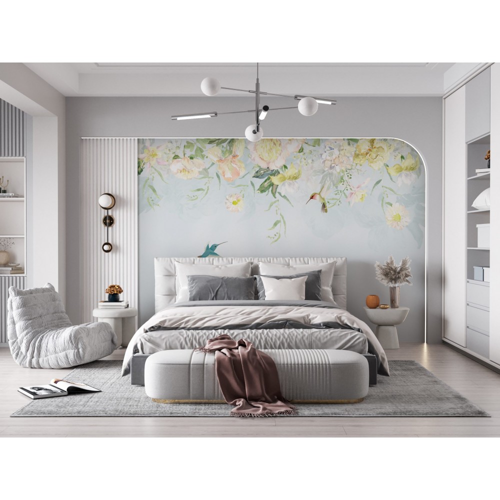 Suluboya Efektli Sarı Çiçekli ve Sinek Kuşu Desenli Duvar Kağıdı