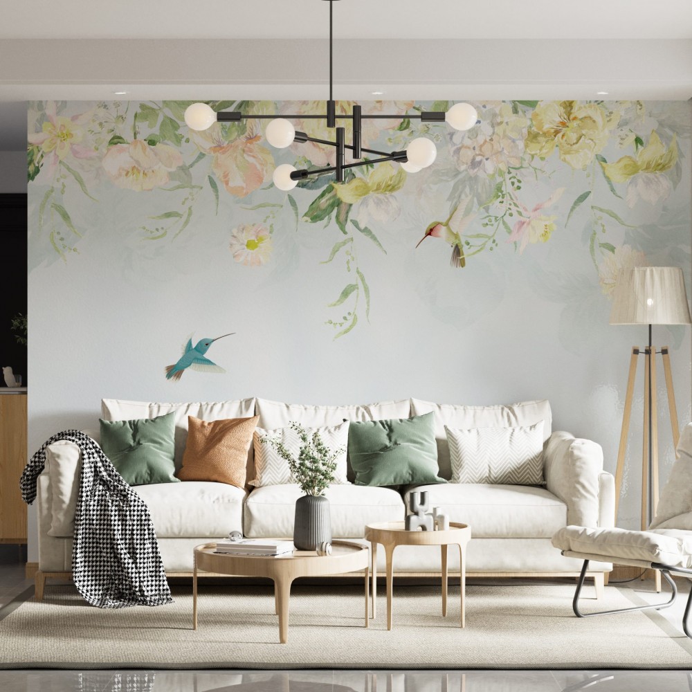 Suluboya Efektli Sarı Çiçekli ve Sinek Kuşu Desenli Duvar Kağıdı