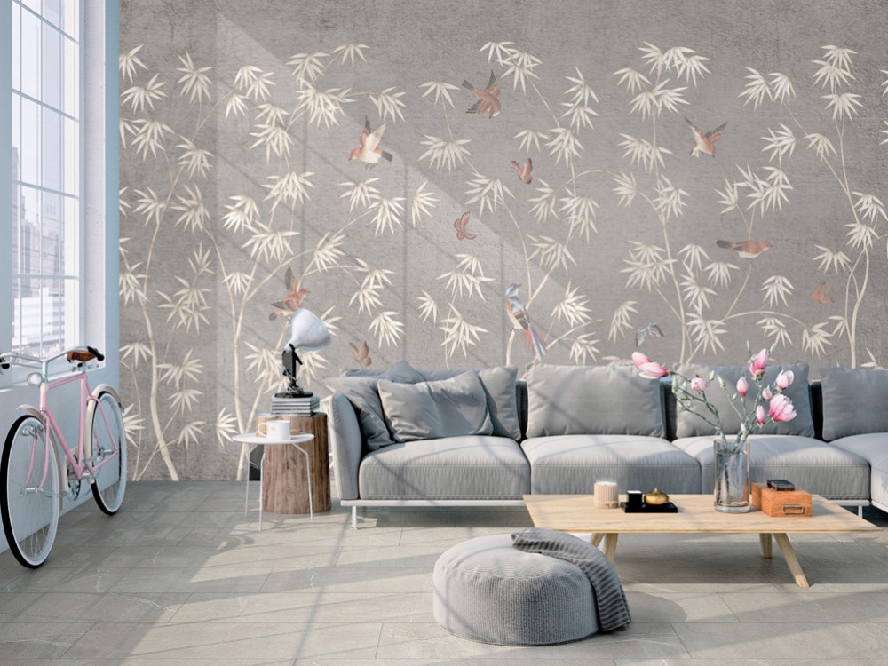 Japon Stil Zen Bahçesi Temalı ve Beton Dokulu Sanatsal Duvar Kağıdı