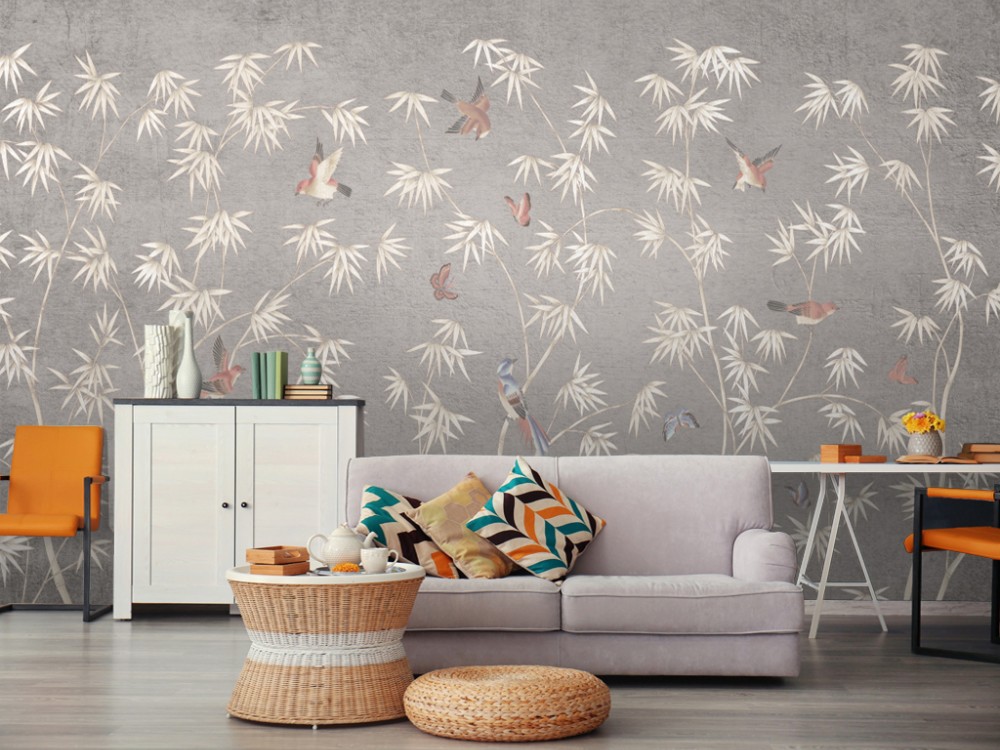 Japon Stil Zen Bahçesi Temalı ve Beton Dokulu Sanatsal Duvar Kağıdı