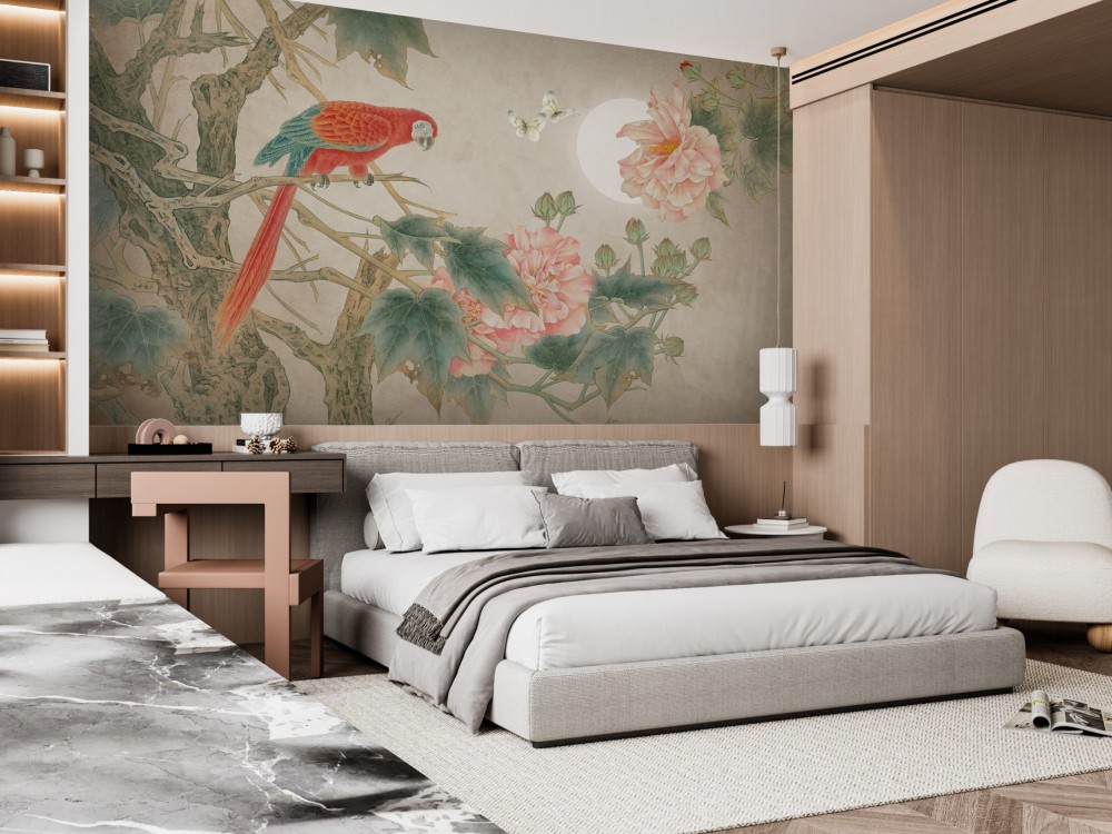 Vintage Uzak Doğu Temalı Kırmızı Papağan ve Şakayık Çiçekli Duvar Kağıdı 