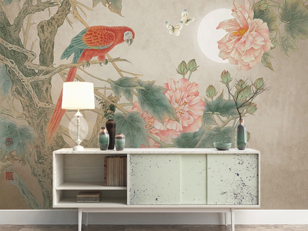 Vintage Uzak Doğu Temalı Kırmızı Papağan ve Şakayık Çiçekli Duvar Kağıdı 