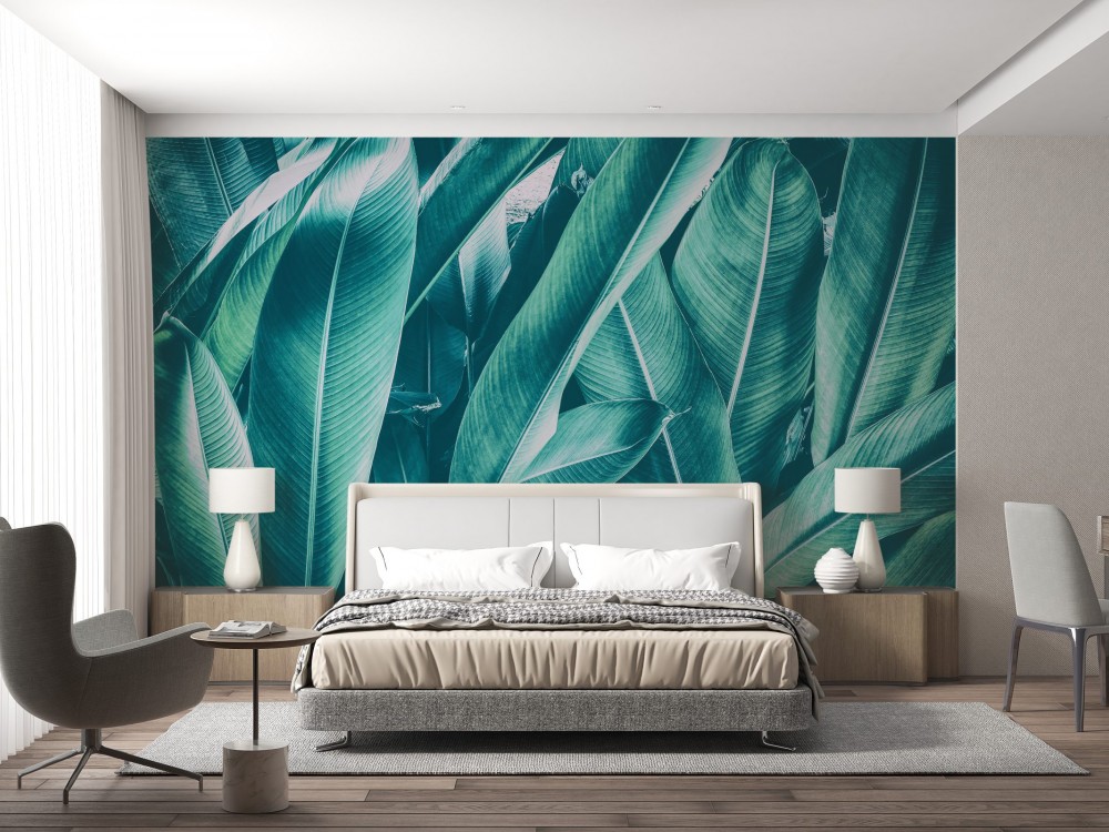 Makro Boyutlu Turkuaz Tropikal Yaprak Desenli Duvar Kağıdı