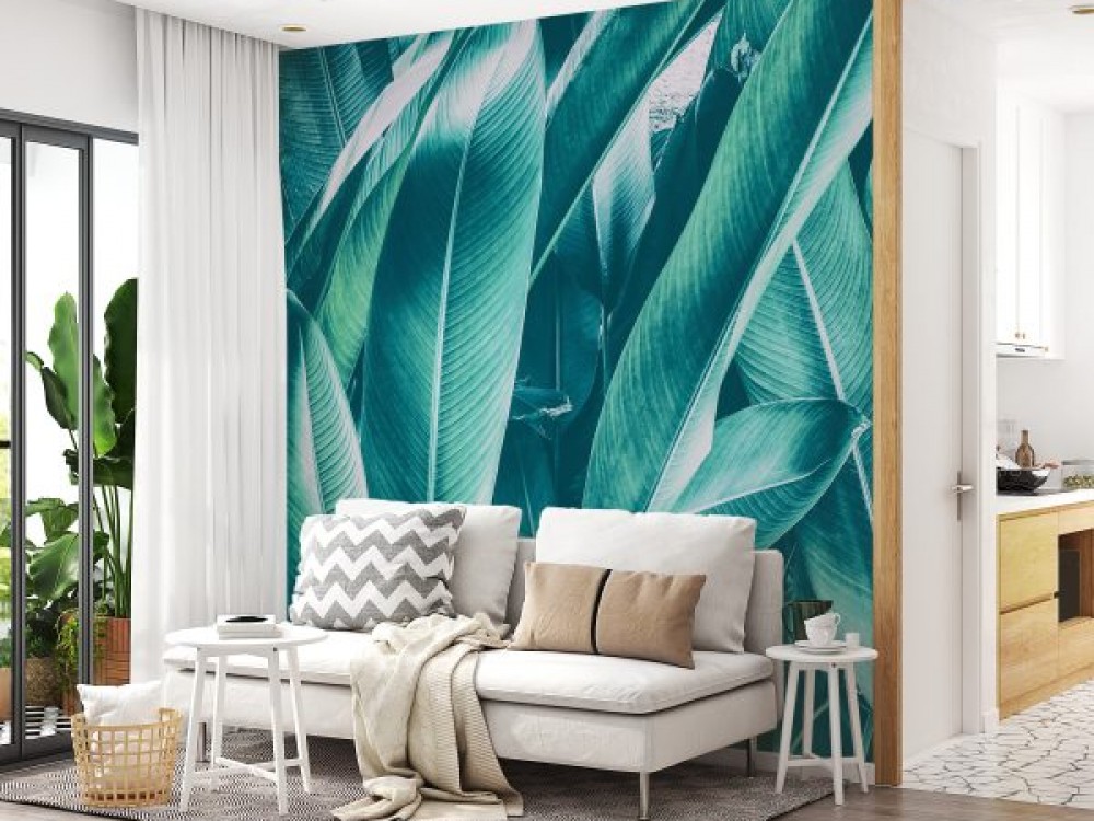 Makro Boyutlu Turkuaz Tropikal Yaprak Desenli Duvar Kağıdı