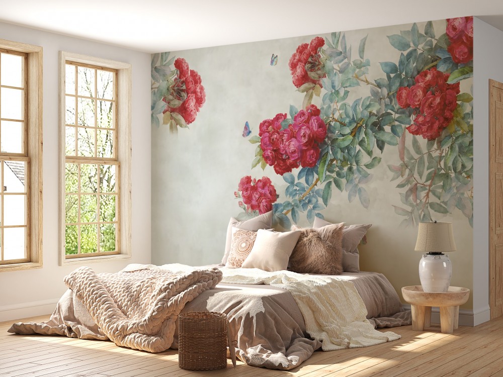 Yağlı Boya Efektli Dramatik Kırmızı Güller ve İllüstrasyon Kuş Temalı Duvar Kağıdı