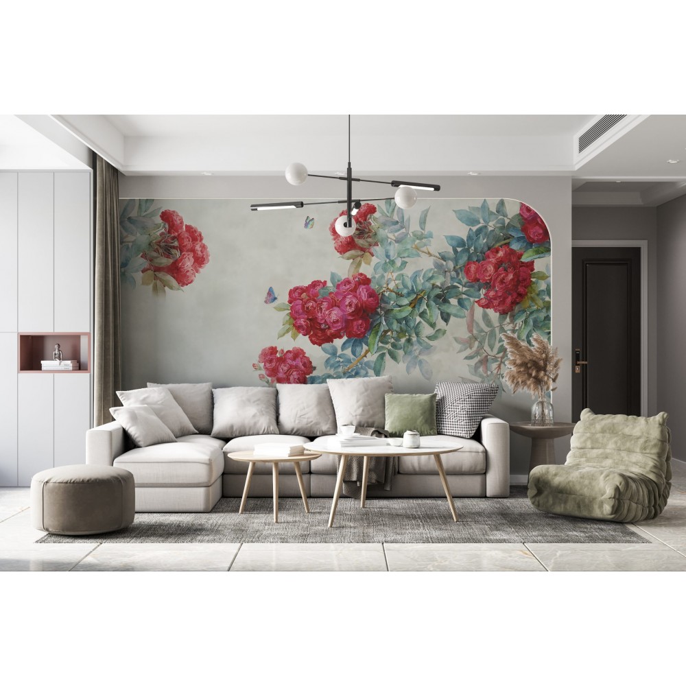 Yağlı Boya Efektli Dramatik Kırmızı Güller ve İllüstrasyon Kuş Temalı Duvar Kağıdı