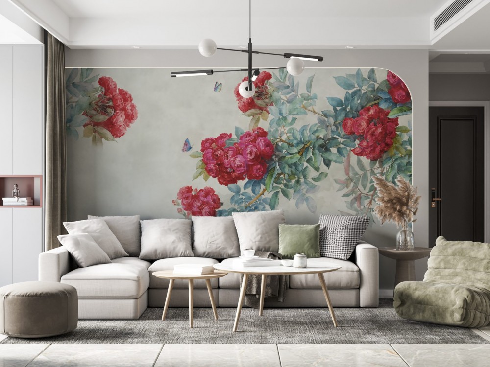 Yağlı Boya Efektli Dramatik Kırmızı Güller ve İllüstrasyon Kuş Temalı Duvar Kağıdı