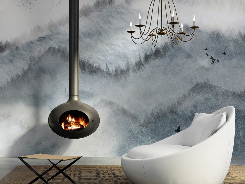 Puslu Dağ Manzaralı ve Çam Ormanı Silüetli Duvar Kağıdı