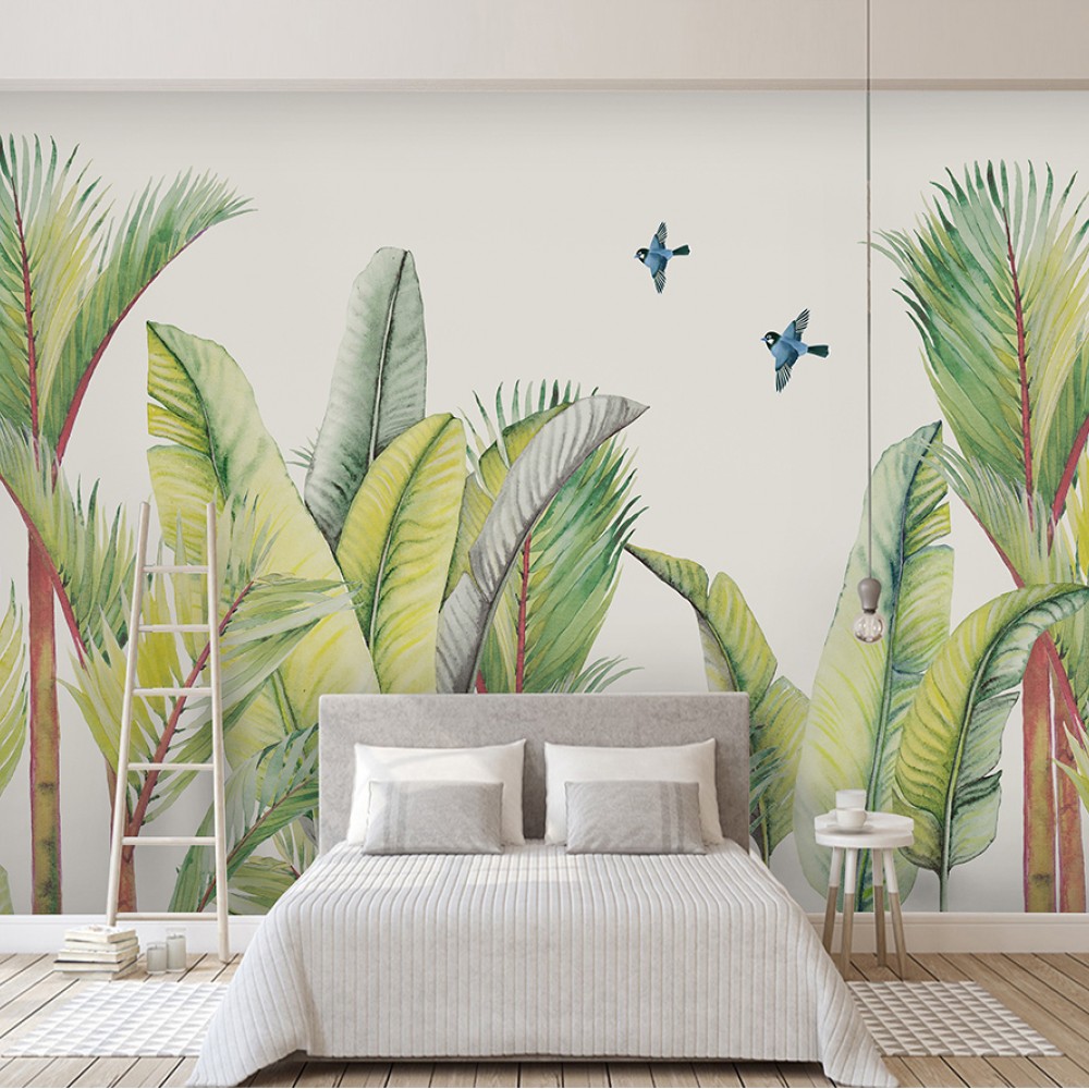 Modern Suluboya Tropikal Palmiye Yaprakları ve Mavi Kuşlar Duvar Kağıdı
