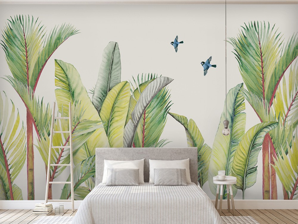 Modern Suluboya Tropikal Palmiye Yaprakları ve Mavi Kuşlar Duvar Kağıdı