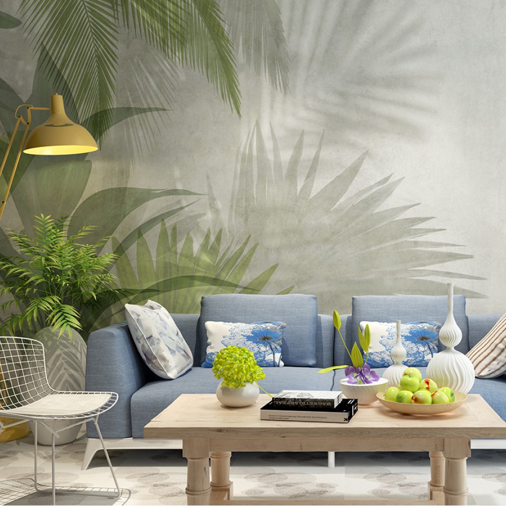 Modern Tropikal Palmiye Yaprağı ve Gölge Efektli Duvar Kağıdı