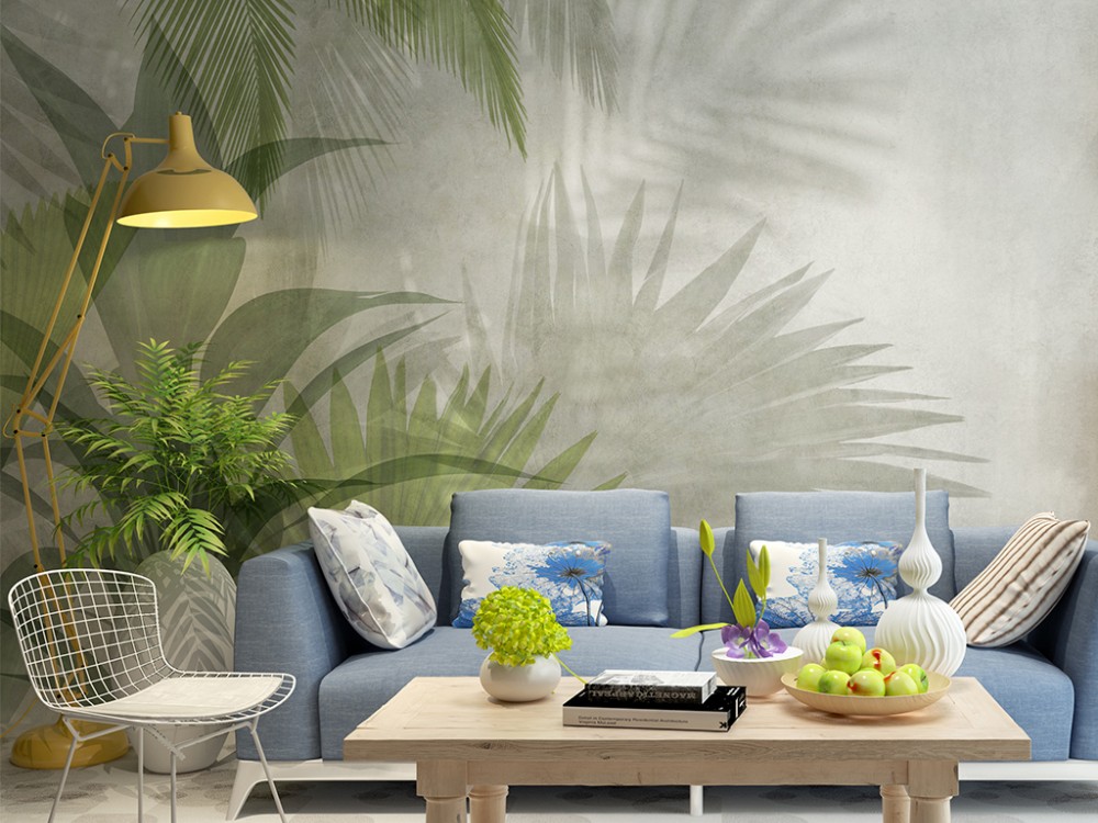 Modern Tropikal Palmiye Yaprağı ve Gölge Efektli Duvar Kağıdı