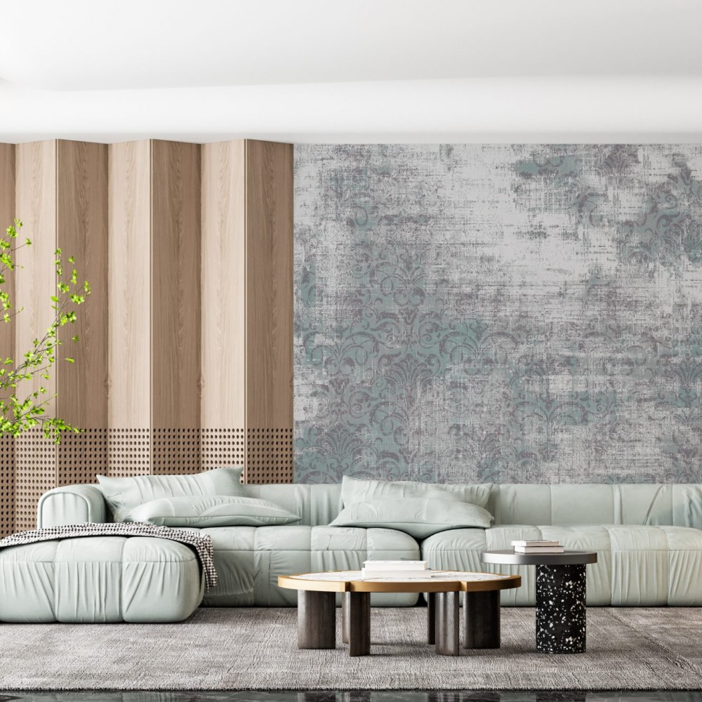 Loft Stil Eskitme Beton Dokulu ve Silik Damask Desenli Antrasit Duvar Kağıdı