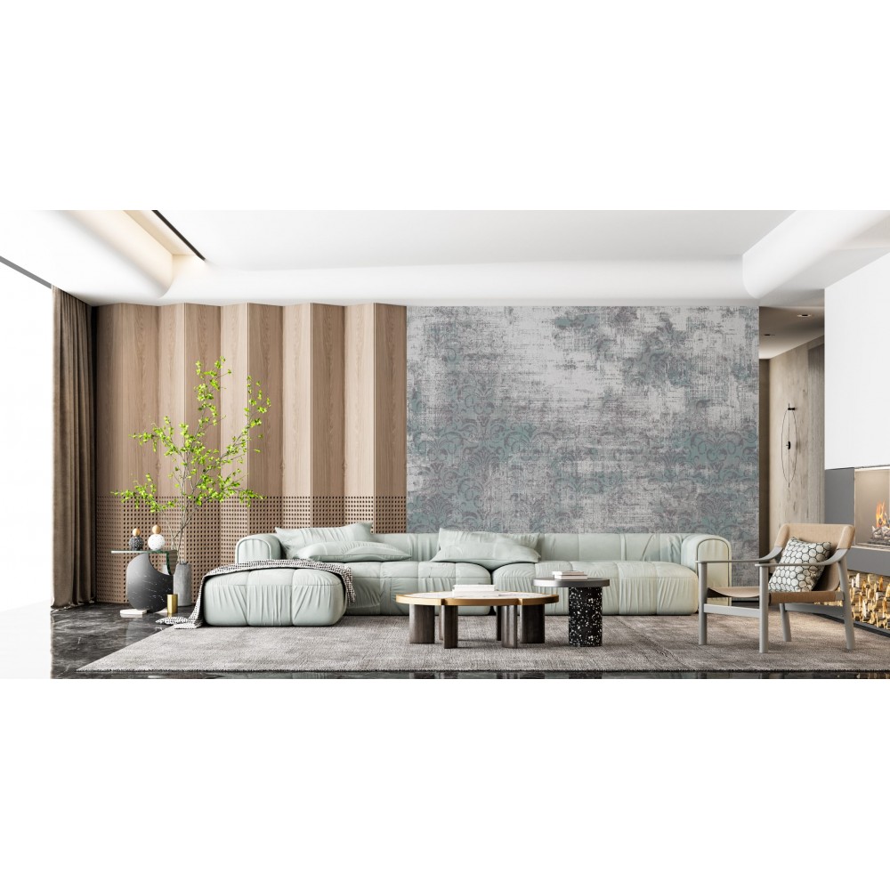 Loft Stil Eskitme Beton Dokulu ve Silik Damask Desenli Antrasit Duvar Kağıdı