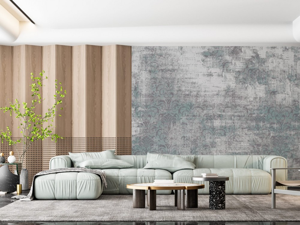 Loft Stil Eskitme Beton Dokulu ve Silik Damask Desenli Antrasit Duvar Kağıdı