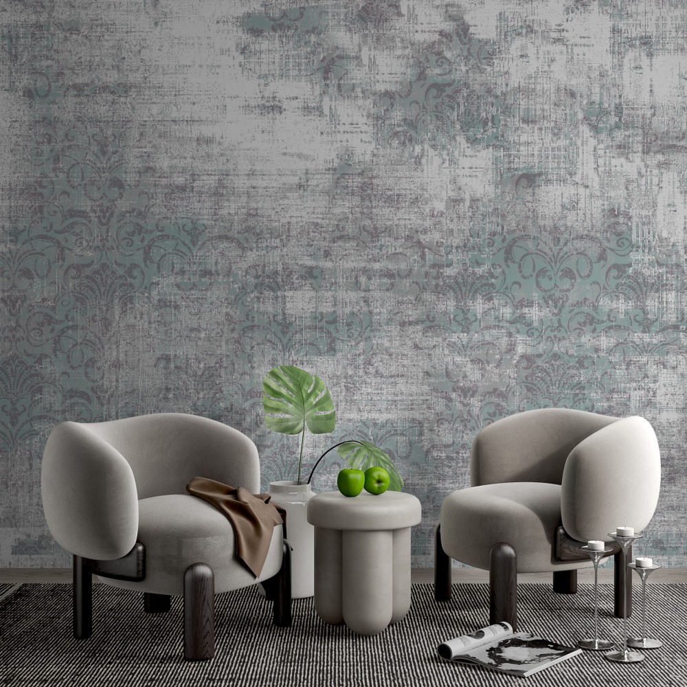 Loft Stil Eskitme Beton Dokulu ve Silik Damask Desenli Antrasit Duvar Kağıdı