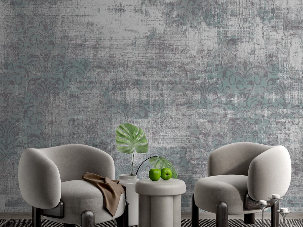 Loft Stil Eskitme Beton Dokulu ve Silik Damask Desenli Antrasit Duvar Kağıdı