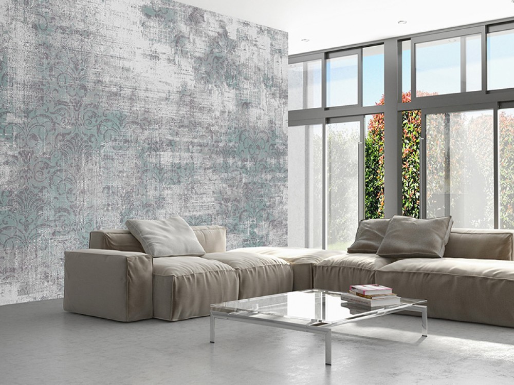 Loft Stil Eskitme Beton Dokulu ve Silik Damask Desenli Antrasit Duvar Kağıdı