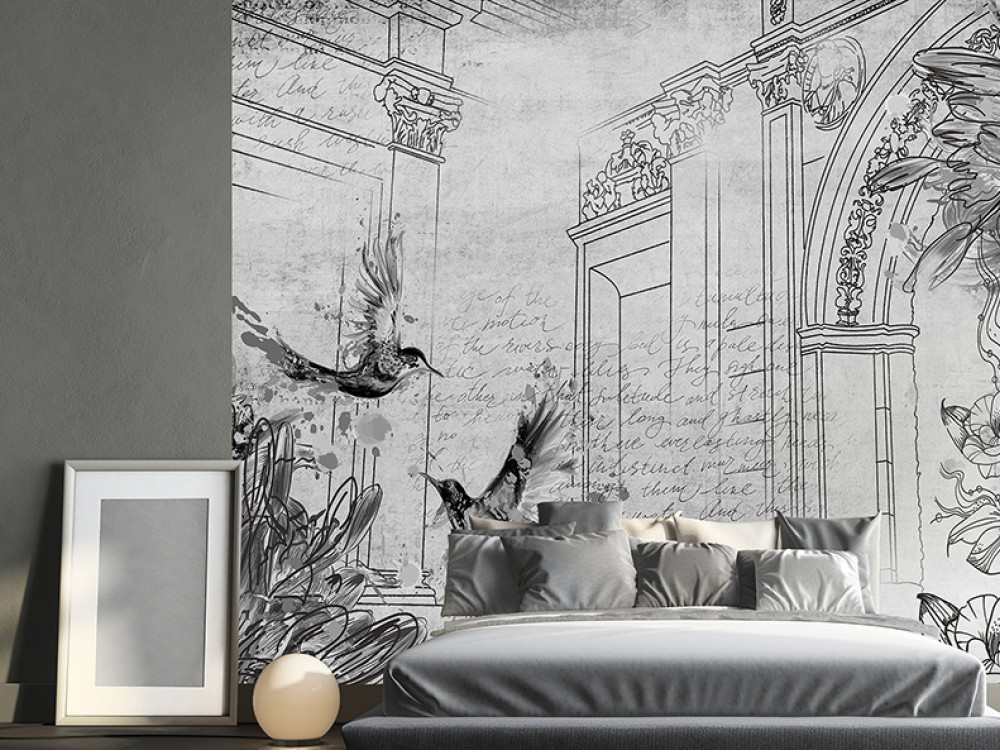 Eskiz Mimari Sütunlar ve Kuş İllüstrasyonlu Sanatsal Duvar Kağıdı