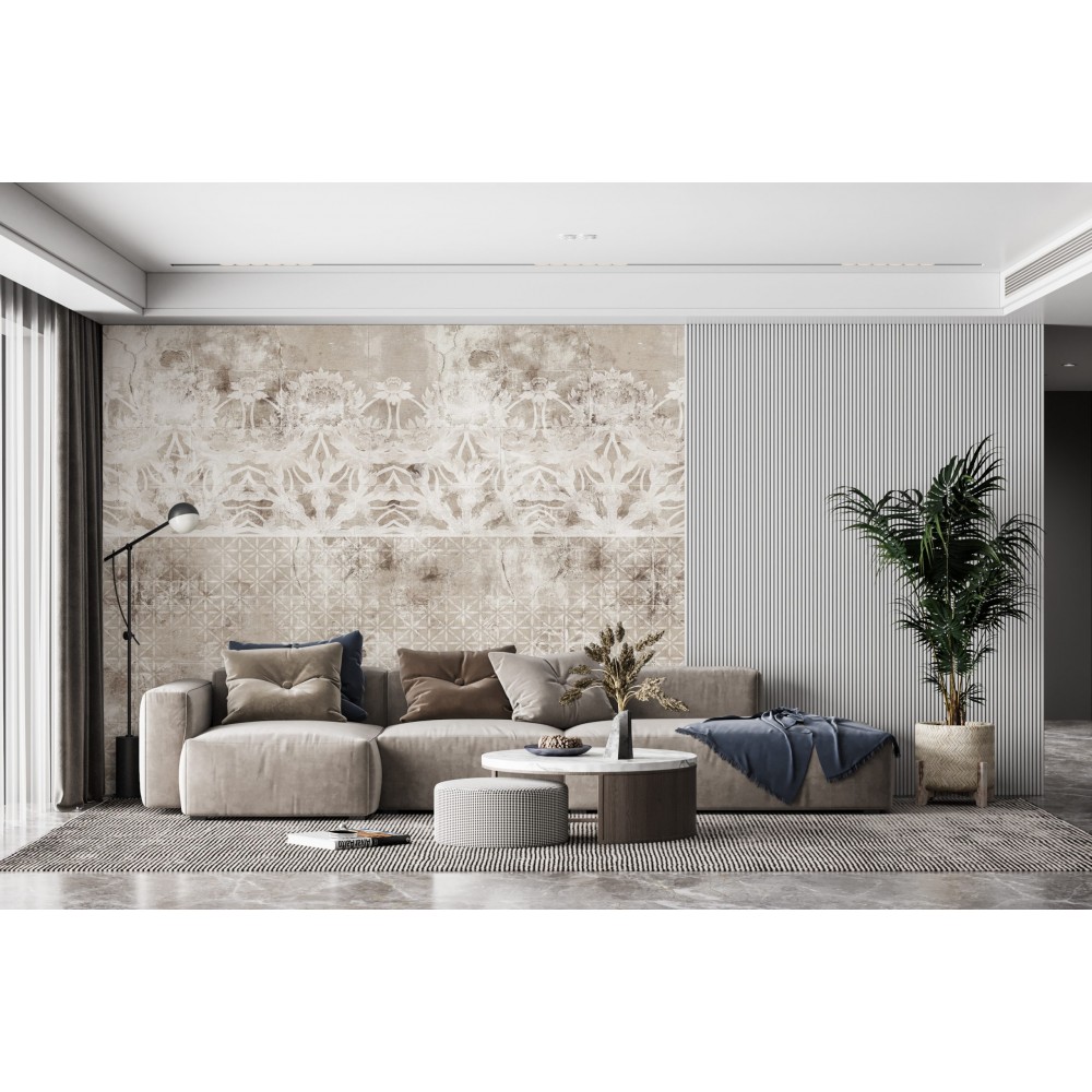 Eskitme Taş Dokulu Klasik Dantel ve Geometrik Desenli Duvar Kağıdı