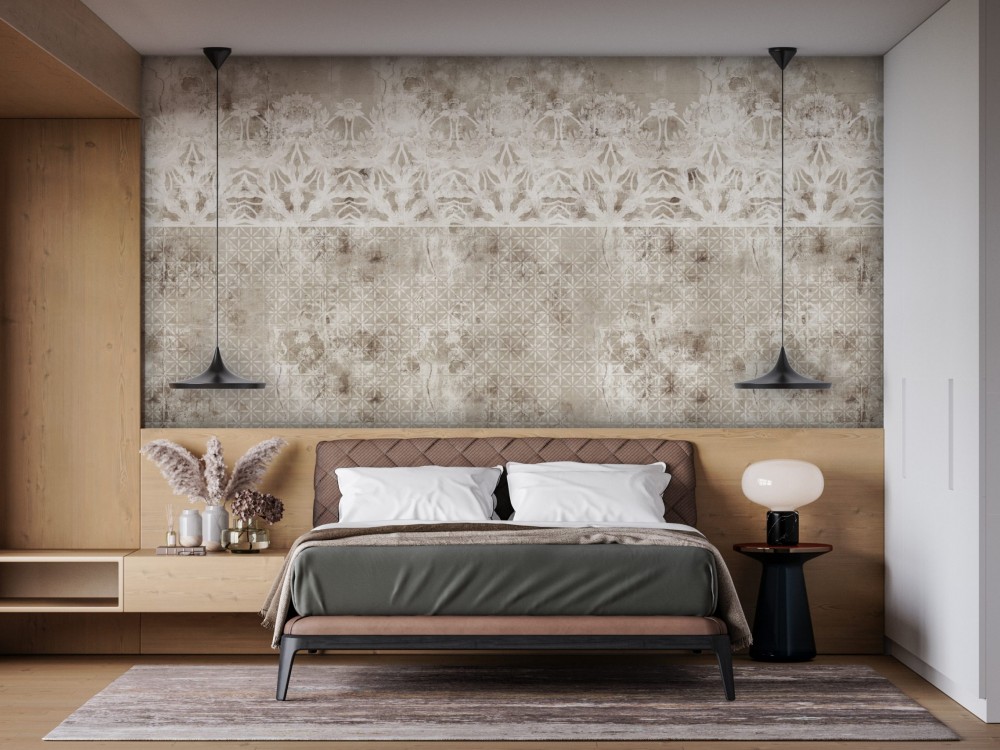 Eskitme Taş Dokulu Klasik Dantel ve Geometrik Desenli Duvar Kağıdı