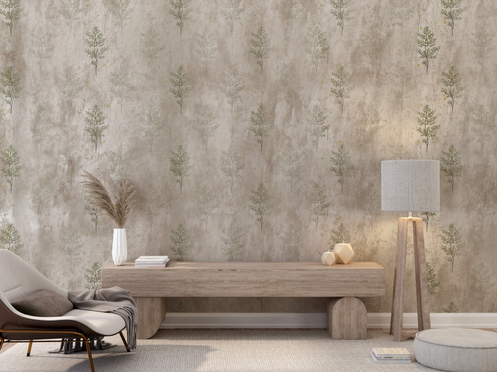 Ham Beton Zeminli ve Minimalist Bitki İllüstrasyonlu Duvar Kağıdı