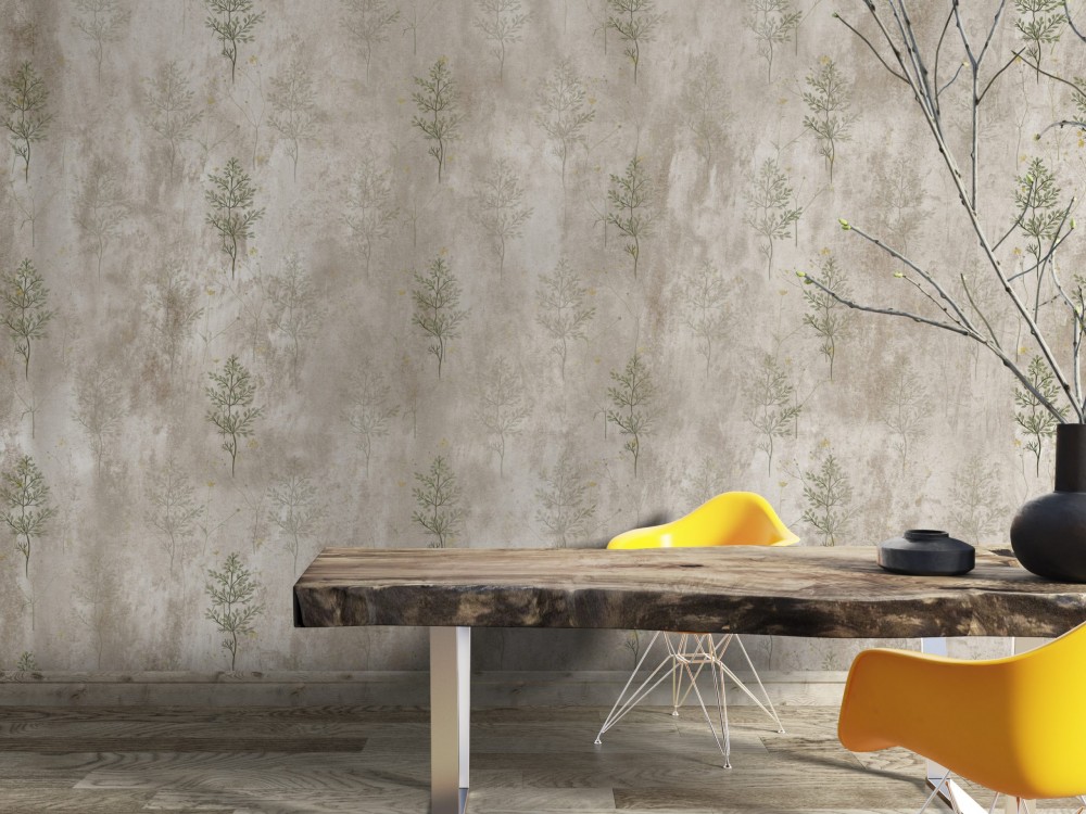 Ham Beton Zeminli ve Minimalist Bitki İllüstrasyonlu Duvar Kağıdı