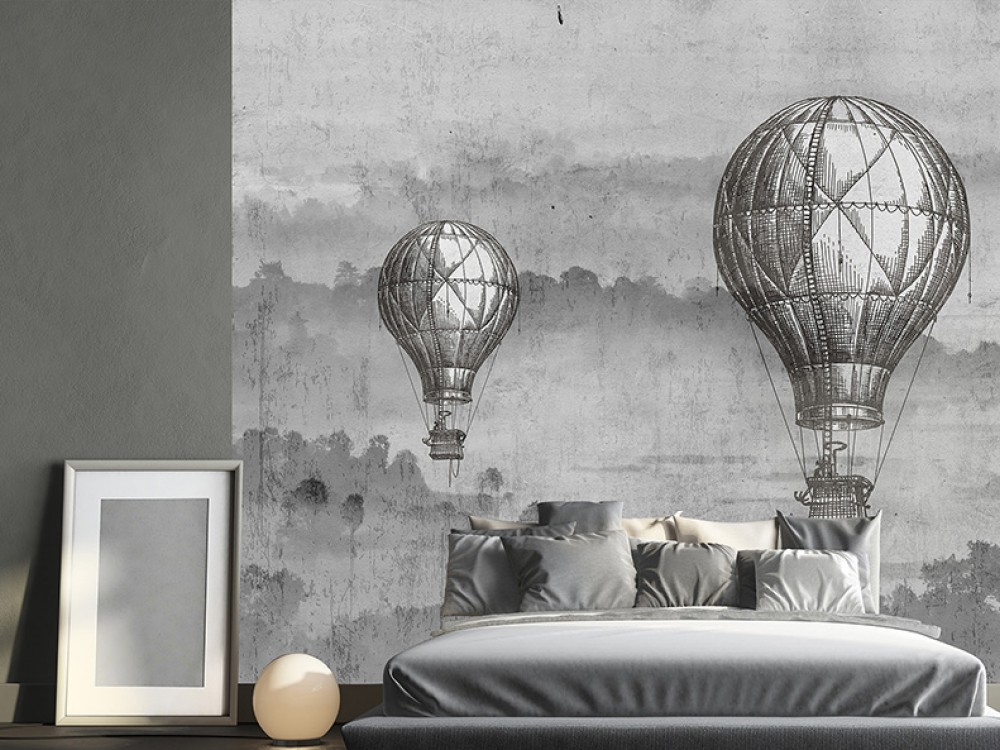 Vintage Gravür Stil Uçan Balon Desenli ve Puslu Dağ Manzaralı Duvar Kağıdı