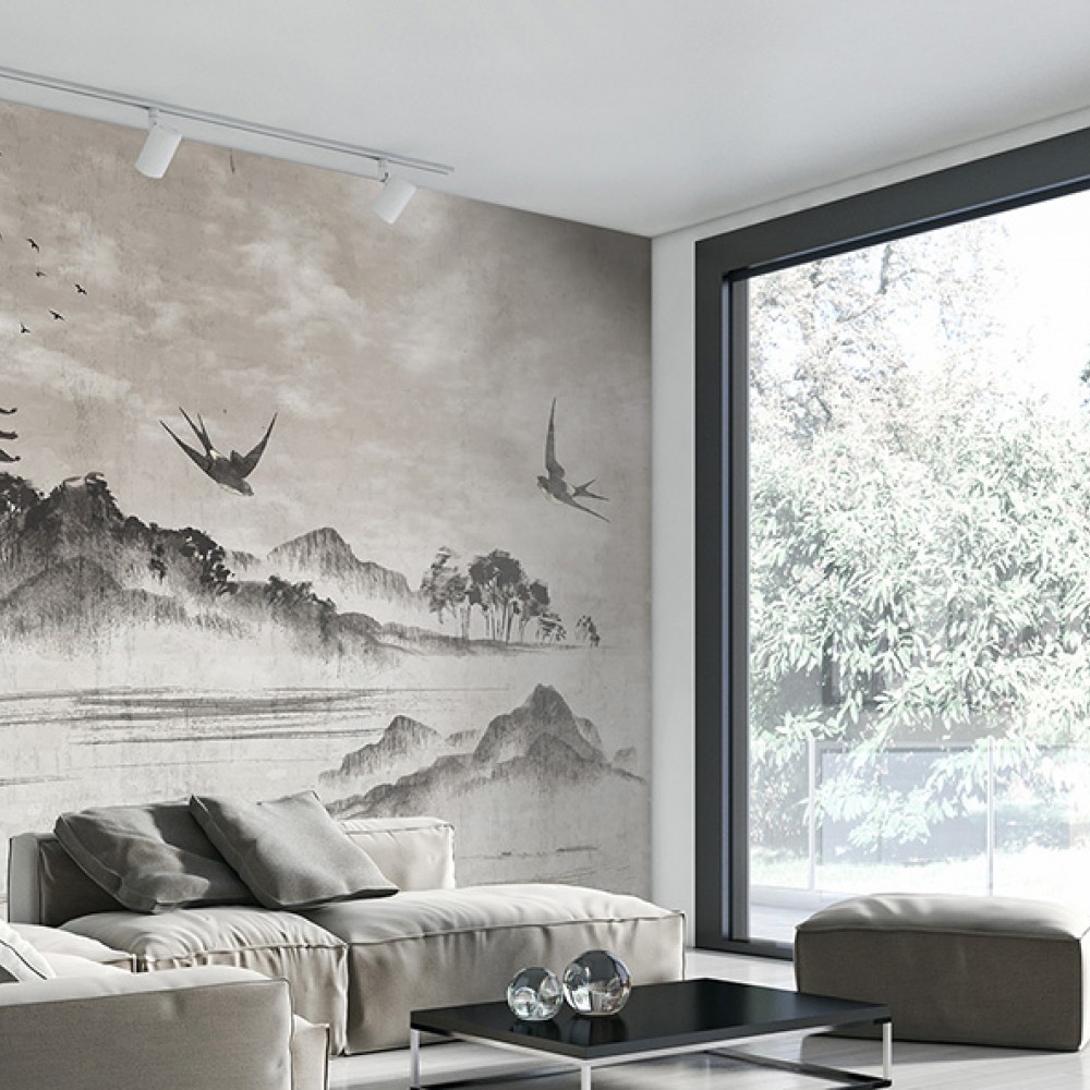 Geleneksel Japon Mürekkep Sanatı Dağlar ve Pagoda Duvar Kağıdı