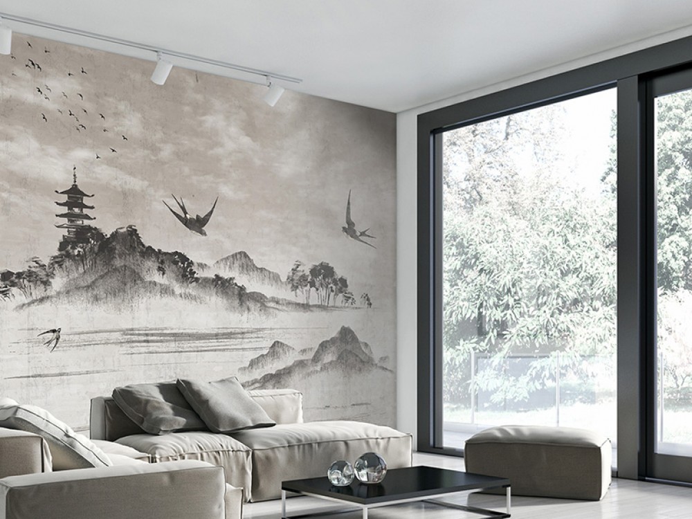 Geleneksel Japon Mürekkep Sanatı Dağlar ve Pagoda Duvar Kağıdı