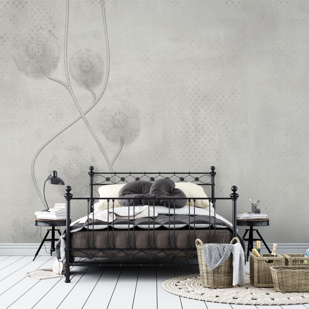 Beton Dokulu Zemin ve İnce Hatlı Modern Çiçek İllüstrasyonlu Duvar Kağıdı