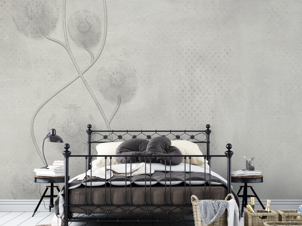 Beton Dokulu Zemin ve İnce Hatlı Modern Çiçek İllüstrasyonlu Duvar Kağıdı