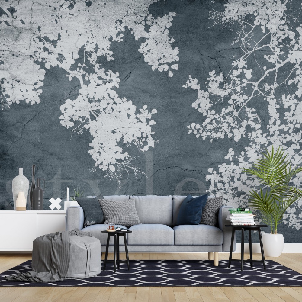 Antrasit Mermer Dokulu ve Beyaz Ağaç Silüetli Duvar Kağıdı
