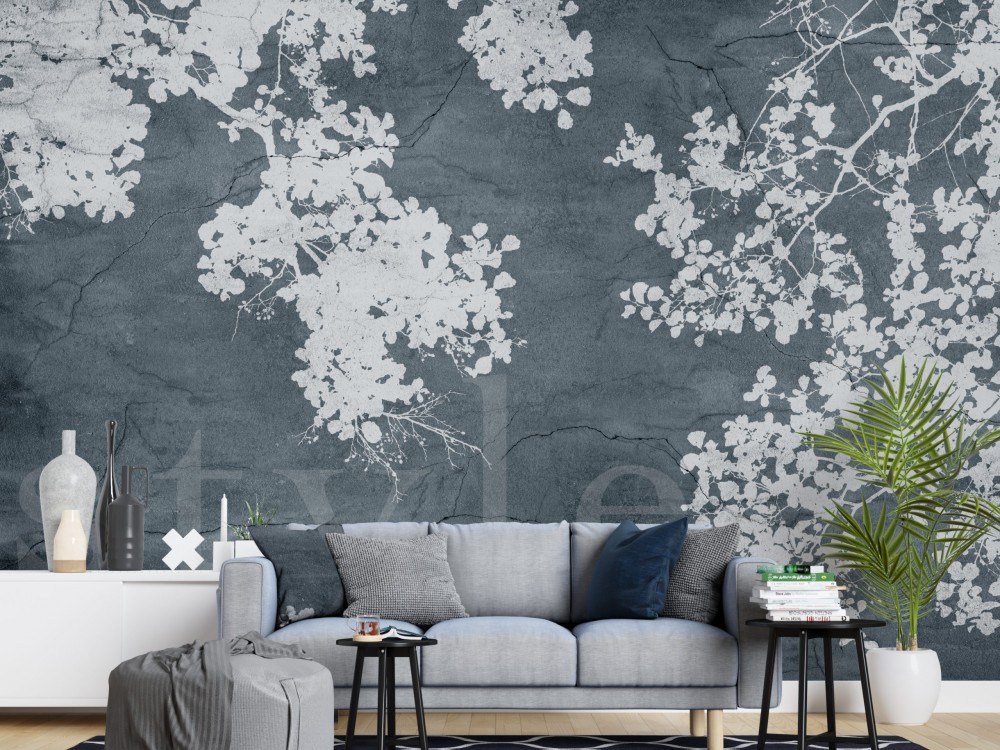 Antrasit Mermer Dokulu ve Beyaz Ağaç Silüetli Duvar Kağıdı